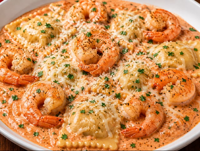 SHRIMP ALLA ROSA CHEESE RAVIOLI.