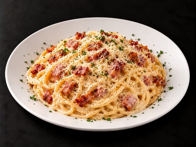 CREAMY SPAGHETTI CARBONARA.