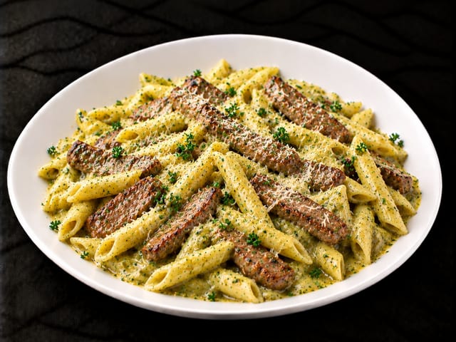 STEAK CREAMY PESTO PENNE.