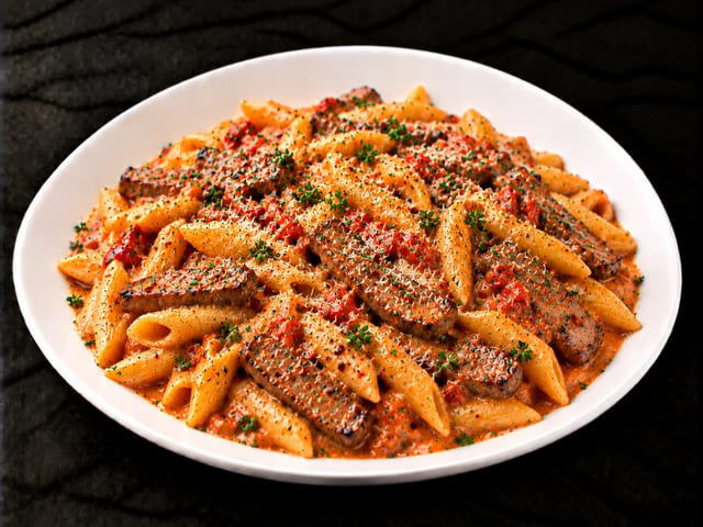 SPICY STEAK ALLA ROSA PENNE.