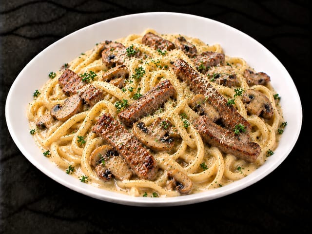 CREAMY STEAK & MUSHROOM FETTUCCINE.