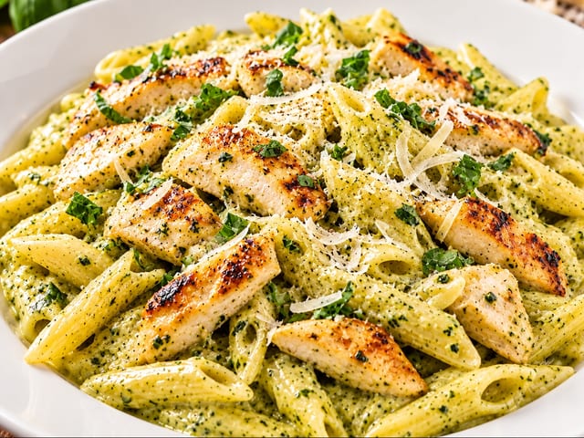 CHICKEN CREAMY PESTO PENNE.