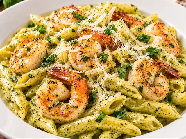 SHRIMP CREAMY PESTO PENNE.